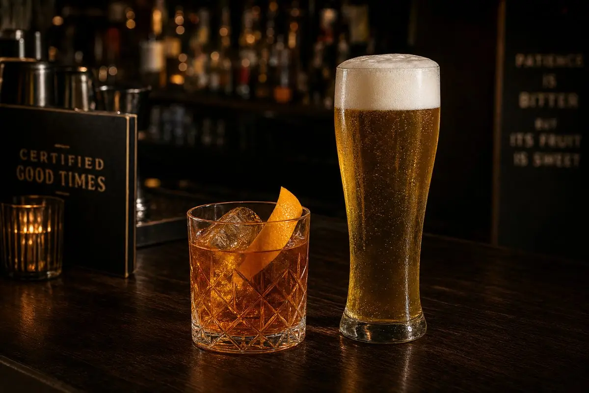 Craft cocktail and a glass of beer